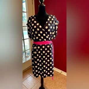 Eliza J Polka Dot Dress Size 8 Navy White Pink Belt Retro Wrap Style